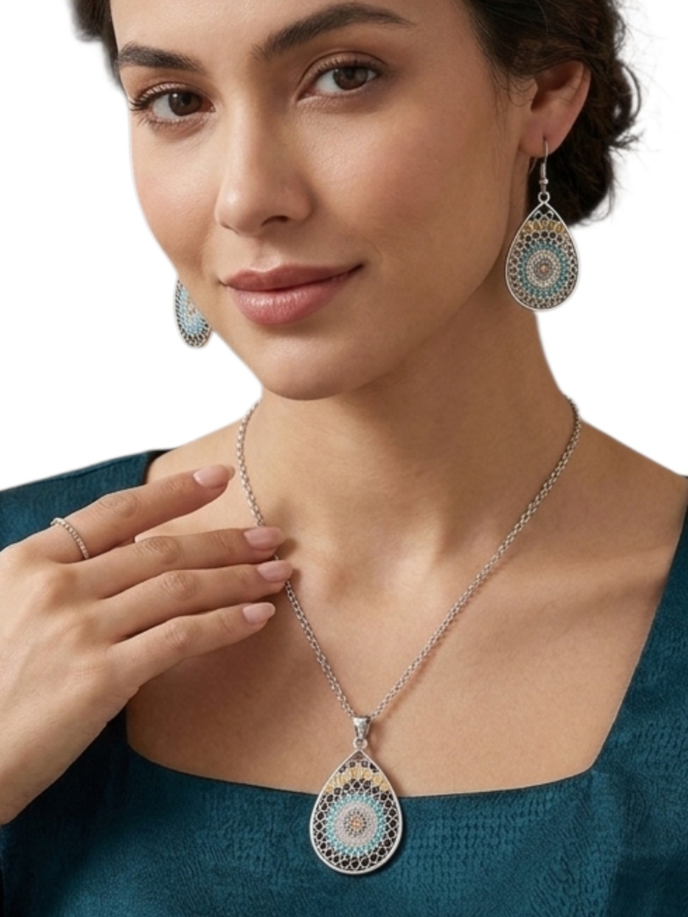 Silver Turquoise Mandala Teardrop Necklace Earring Set Boho Southwestern New